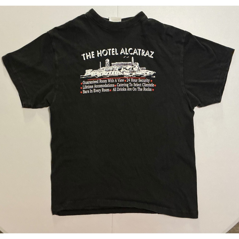 VTG Y2K Hotel Alcatraz Funny Prison Jail Black Mens L T-Shirt